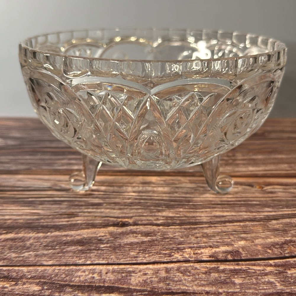 Vintage Etched Roses Crystal Footed Bowl Dish Saw Tooth German 8.5"